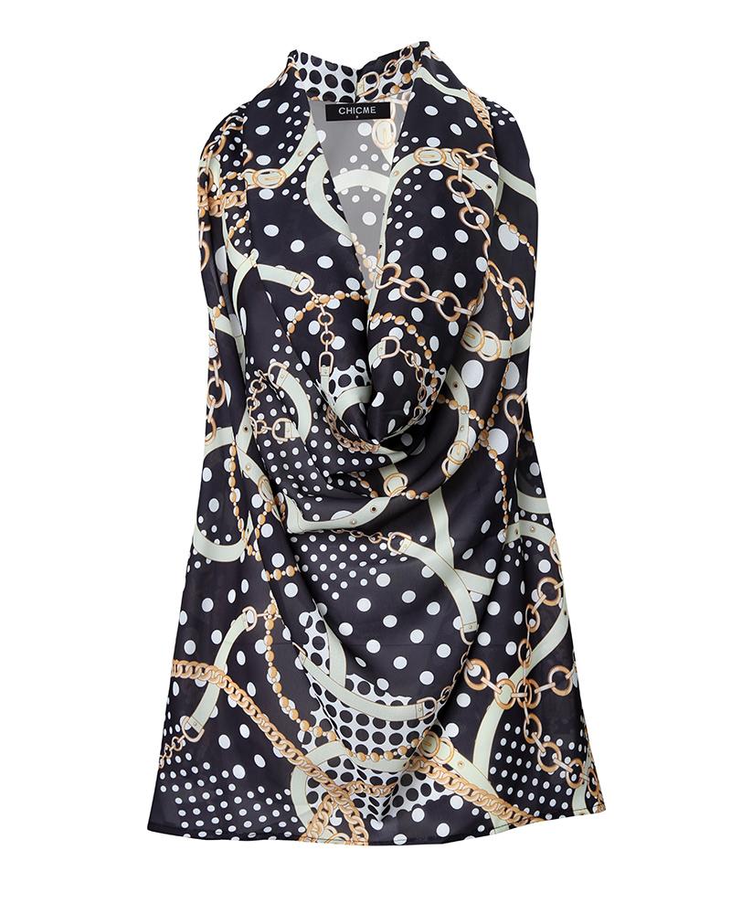 Polka Dot Chain Print Cowl Neck Top