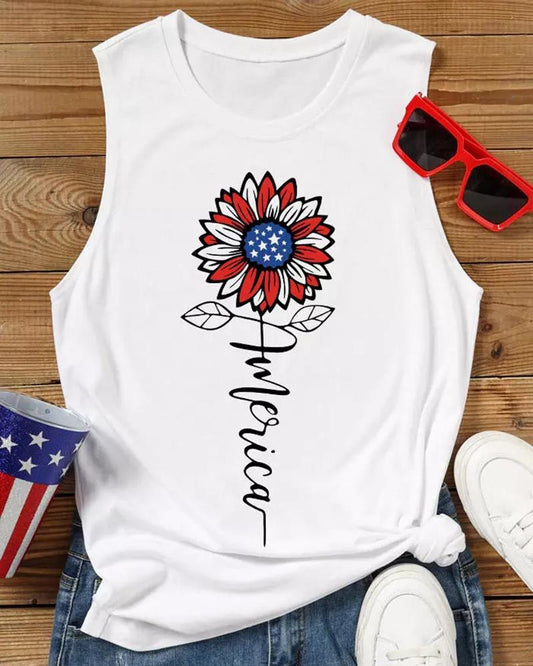 Independence Day Flag Sunflower Letter Print Tank Top