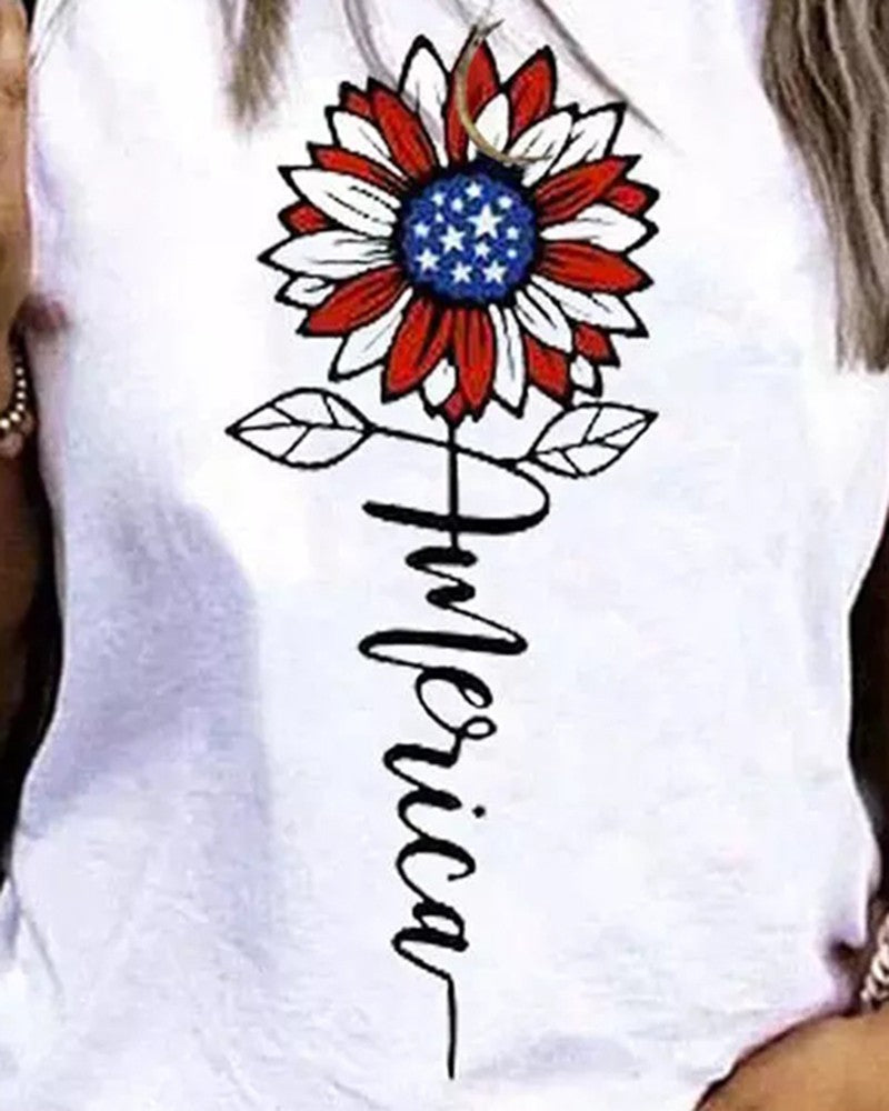 Independence Day Flag Sunflower Letter Print Tank Top