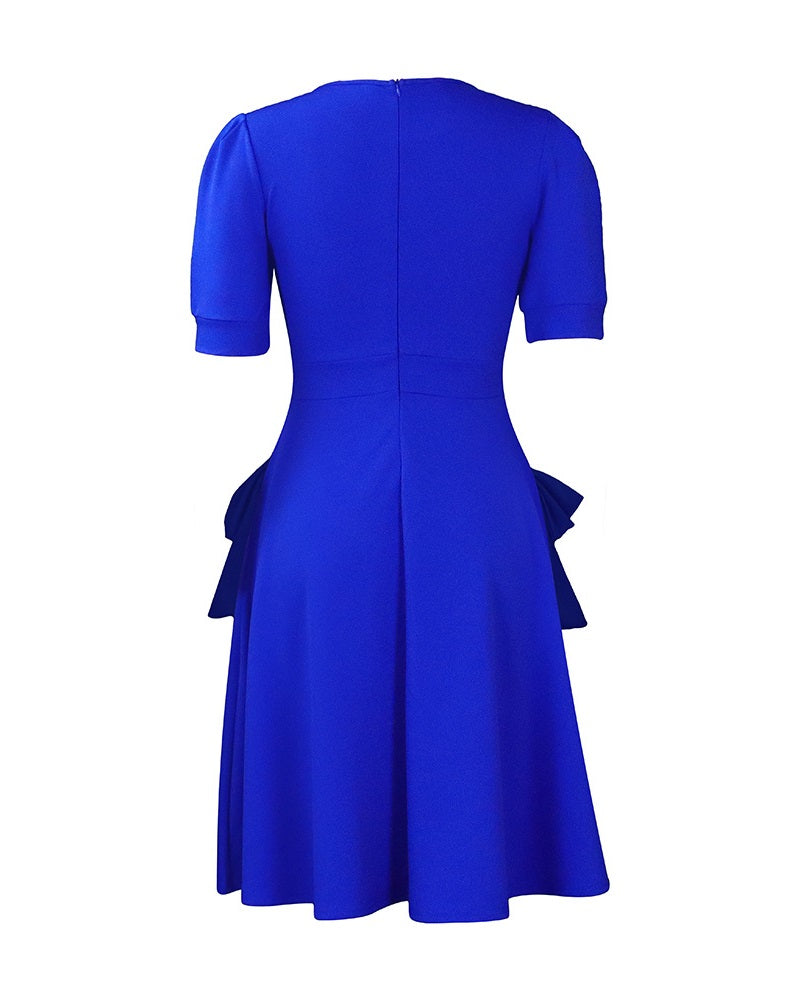 Puff Sleeve Round Neck Bowknot Design Casual Dress