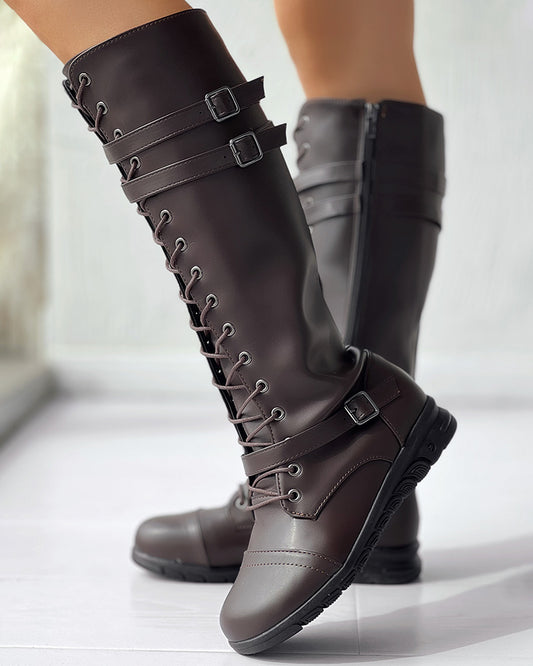 Lace up Buckled Zipper Design Boots