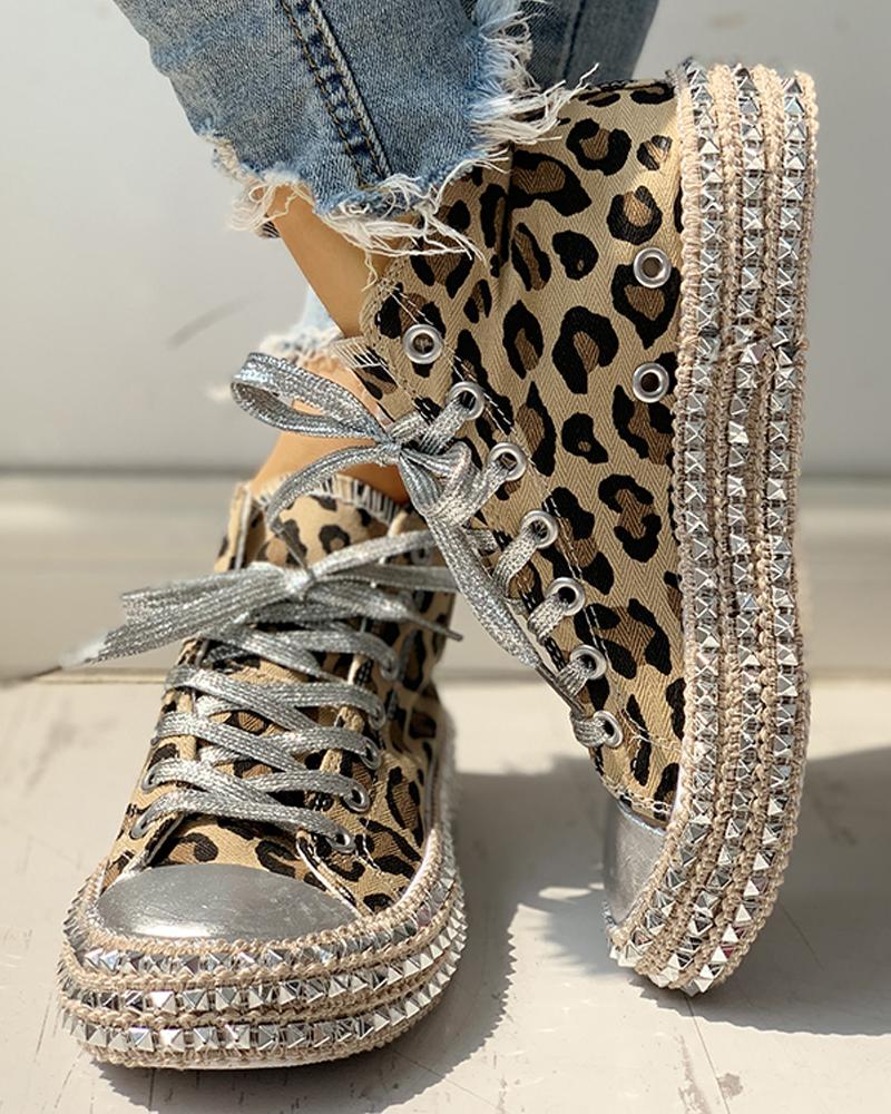 Leopard Print Studded Decor Eyelet Lace up Sneakers