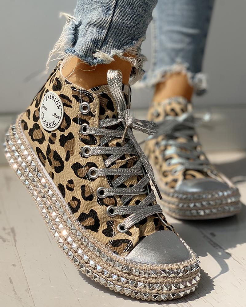 Leopard Print Studded Decor Eyelet Lace up Sneakers