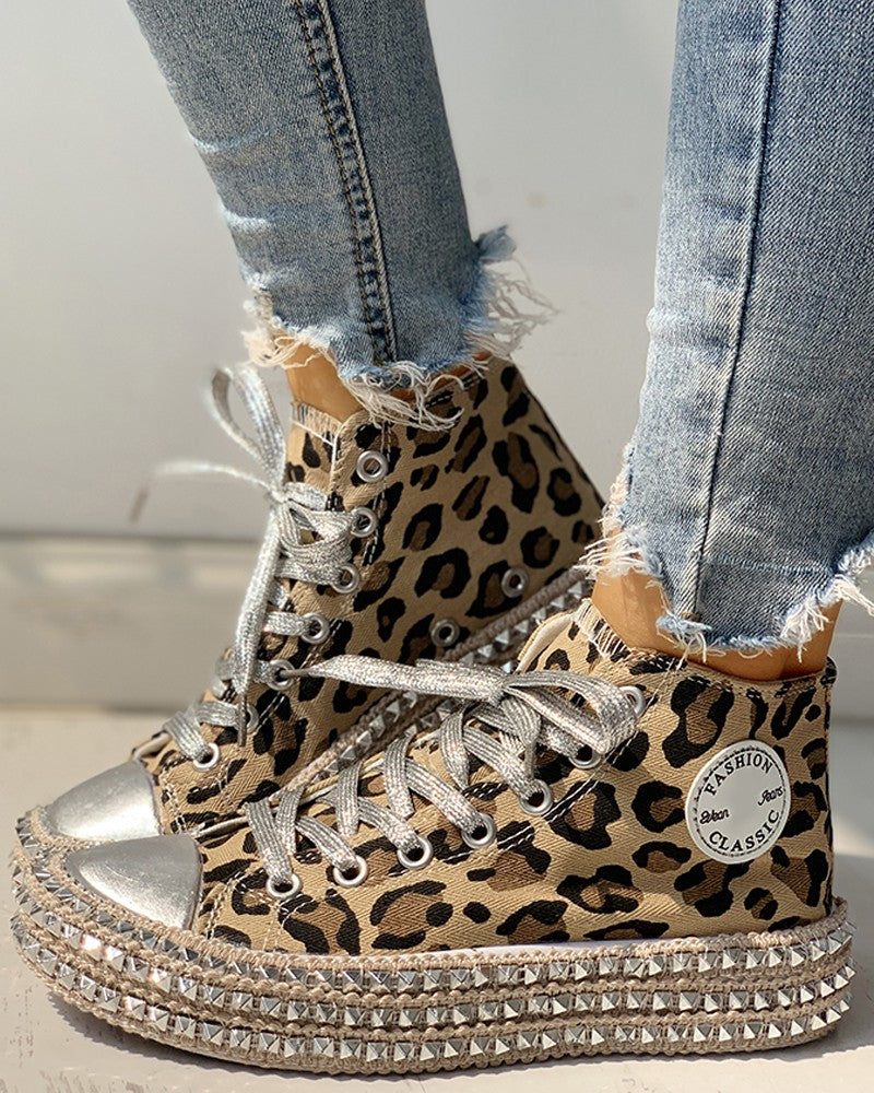 Leopard Print Studded Decor Eyelet Lace up Sneakers