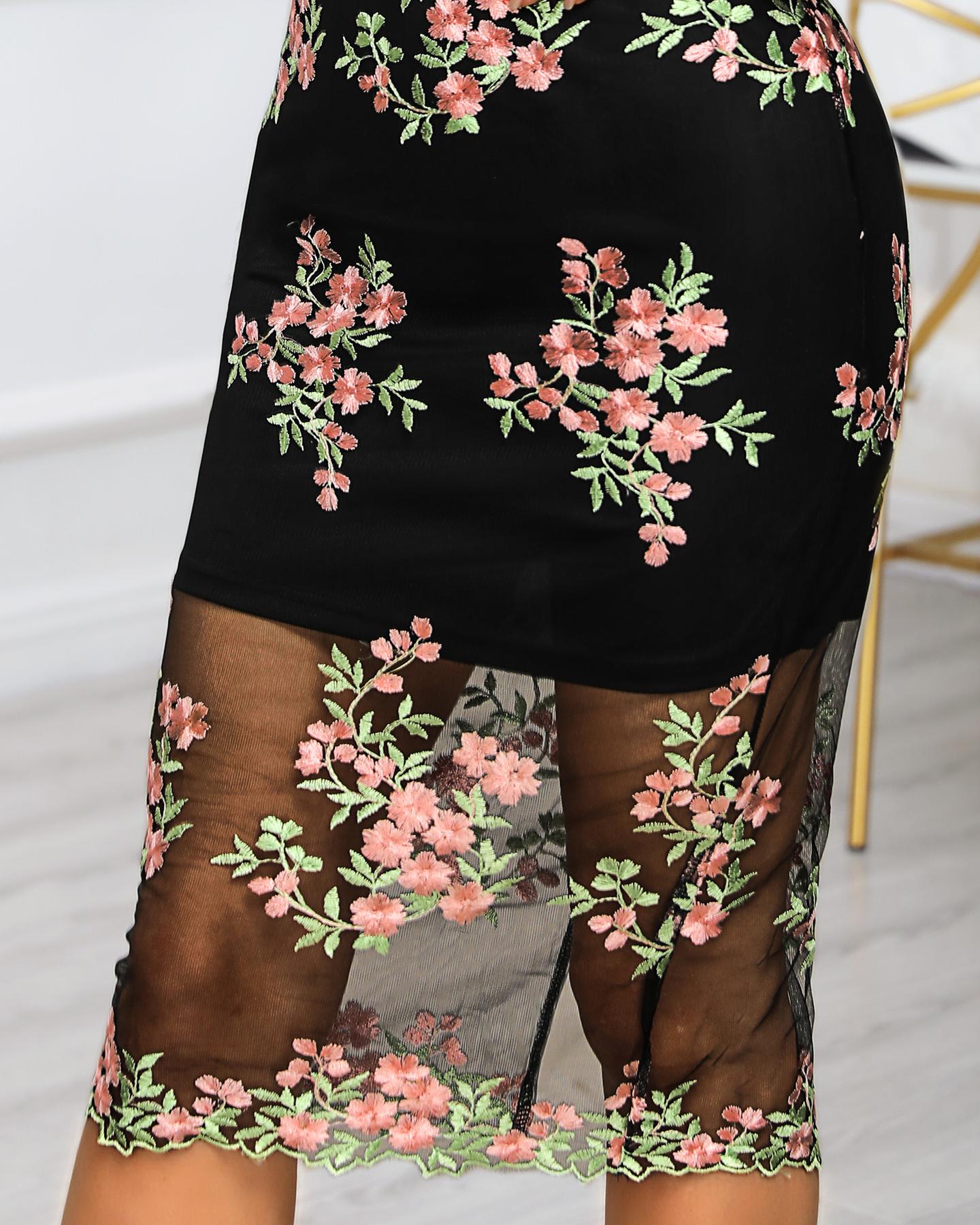 Mesh Spaghetti Strap Floral Embroidery Midi Dress