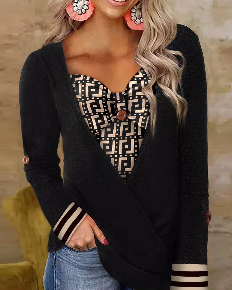 Geometric Print Fake Two Piece Long Sleeve Top