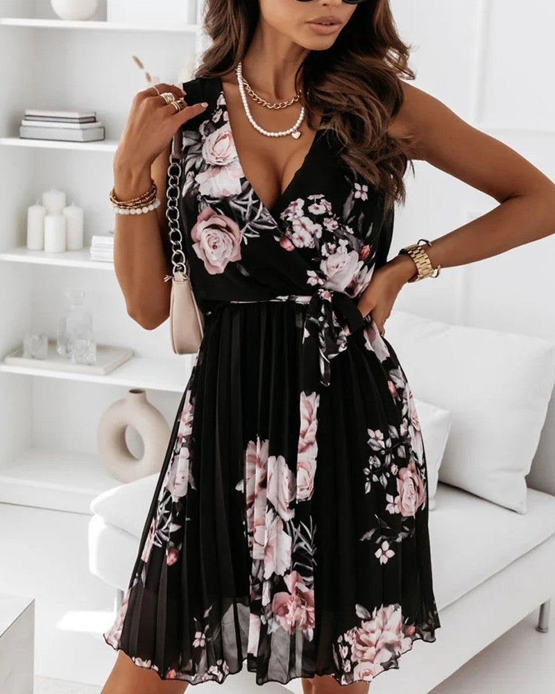 Floral Print Overlap Pleated Chiffon Dress