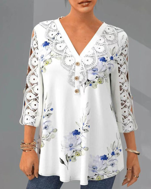 Floral Print Contrast Lace Button Front Top