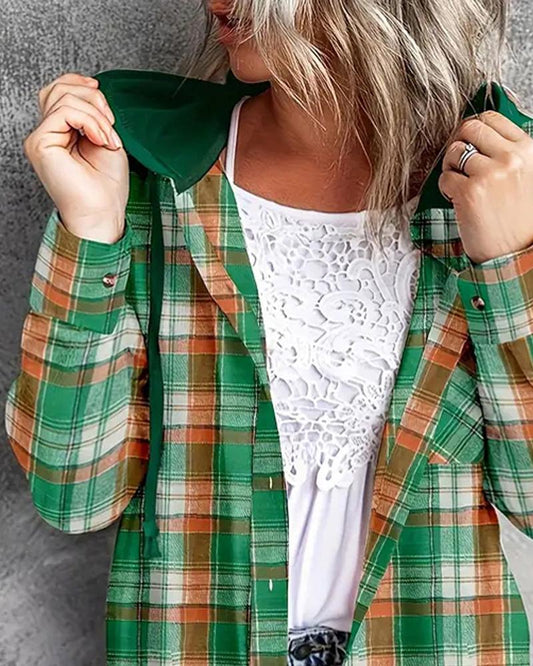 Plaid Print Buttoned Hooded Top