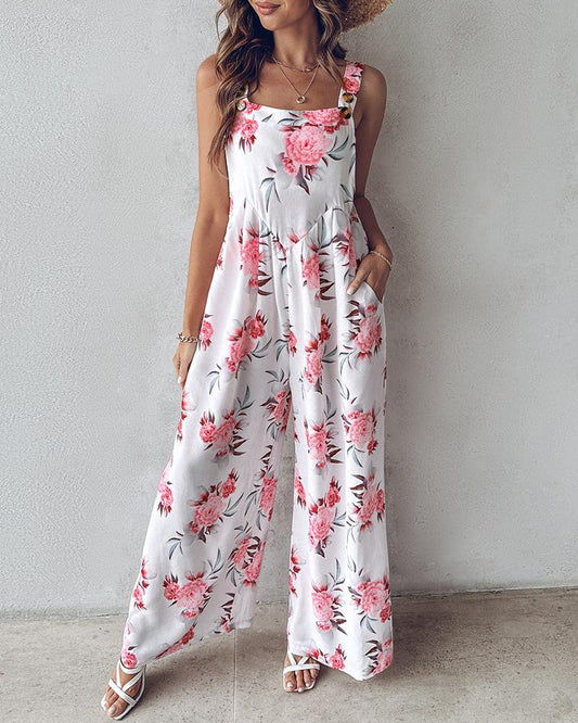 Floral Print Wide Leg Suspender Jumpsuit