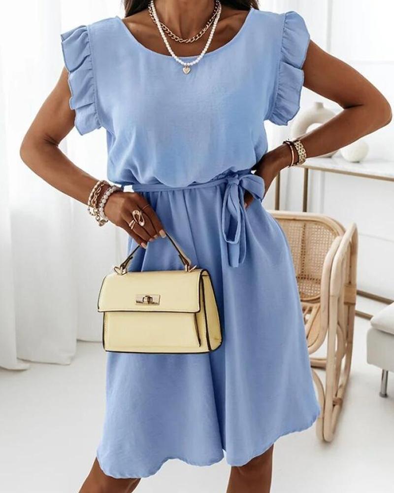 Flutter Sleeve Belted Casual Dress