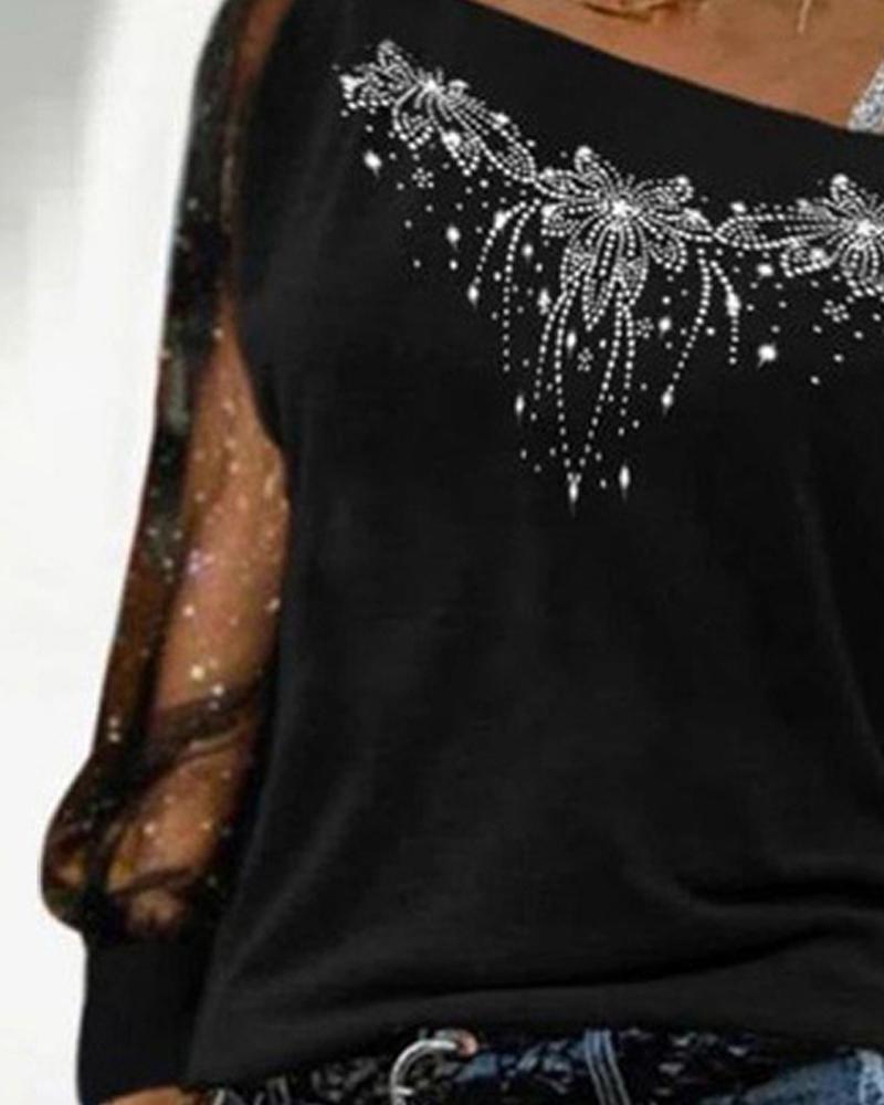 Rhinestone Contrast Mesh Cold Shoulder Top