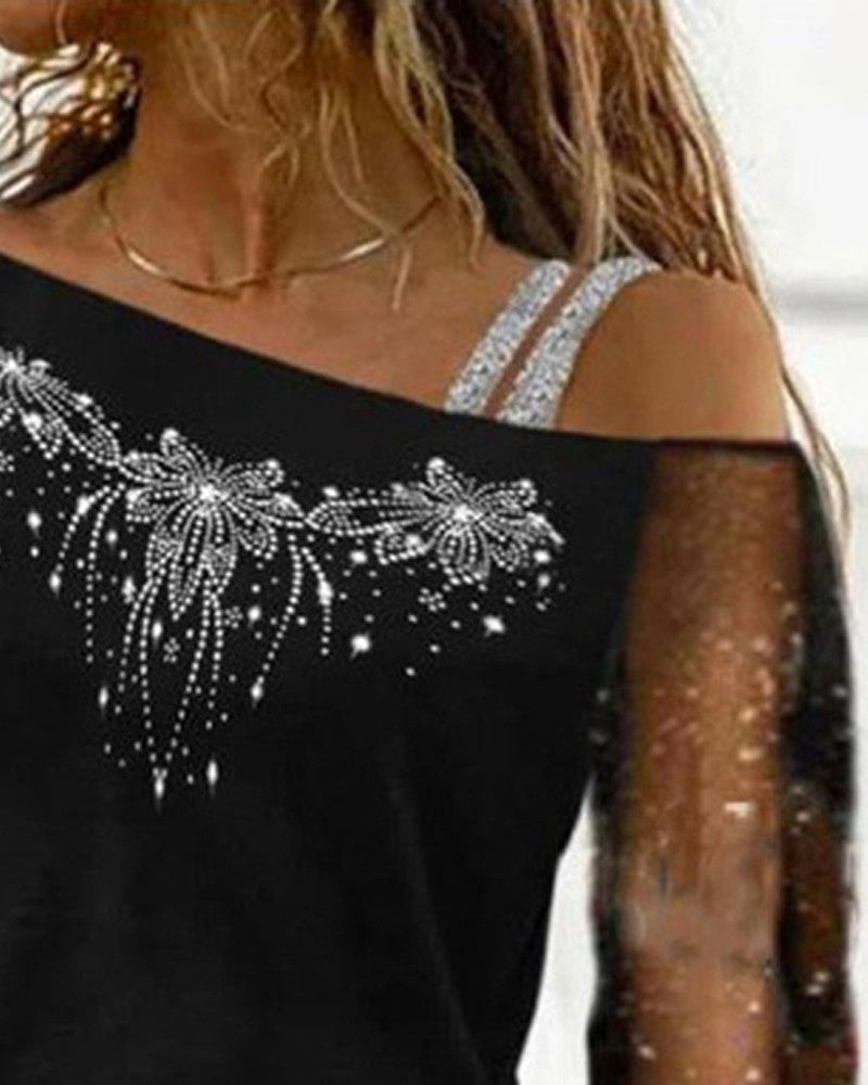 Rhinestone Contrast Mesh Cold Shoulder Top