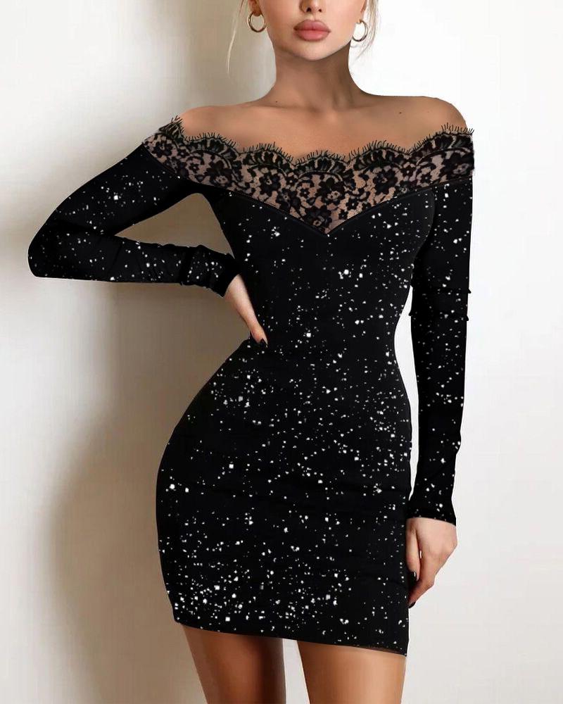 Off Shoulder Contrast Lace Glitter Bodycon Dress