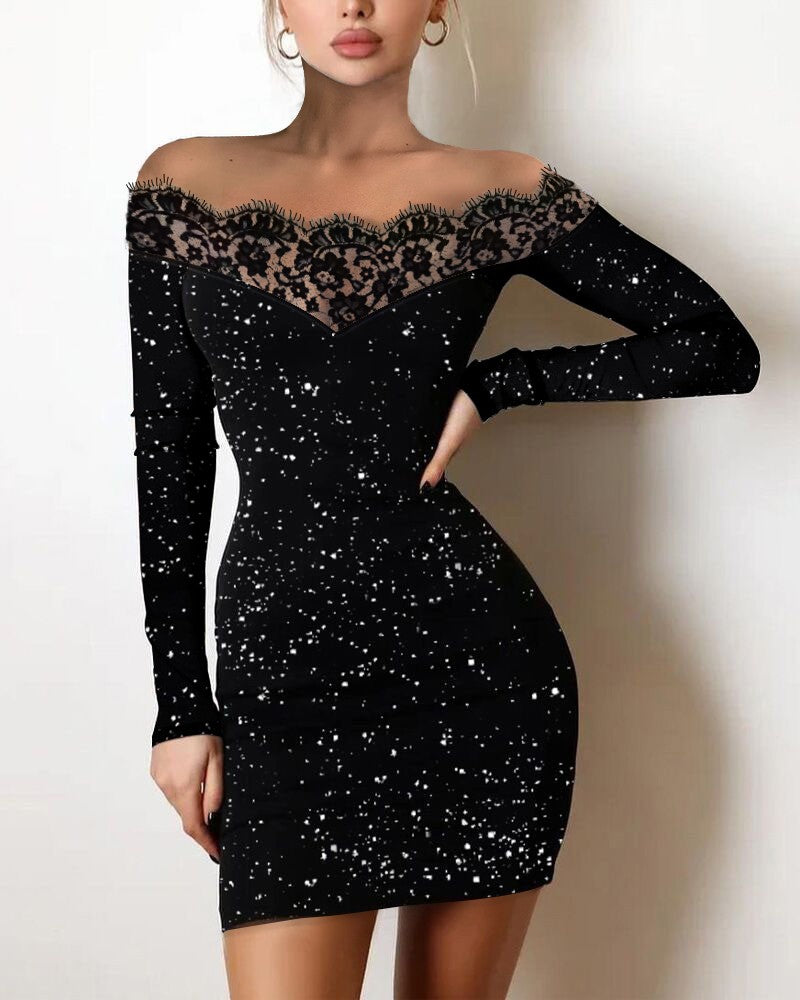 Off Shoulder Contrast Lace Glitter Bodycon Dress