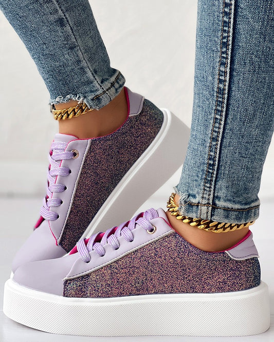 Colorblock Glitter Lace up Platform Sneakers