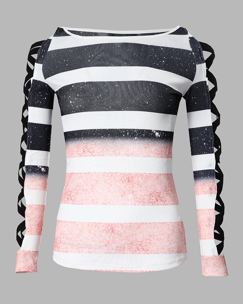 Colorblock Striped Print Crisscross Cold Shoulder Top