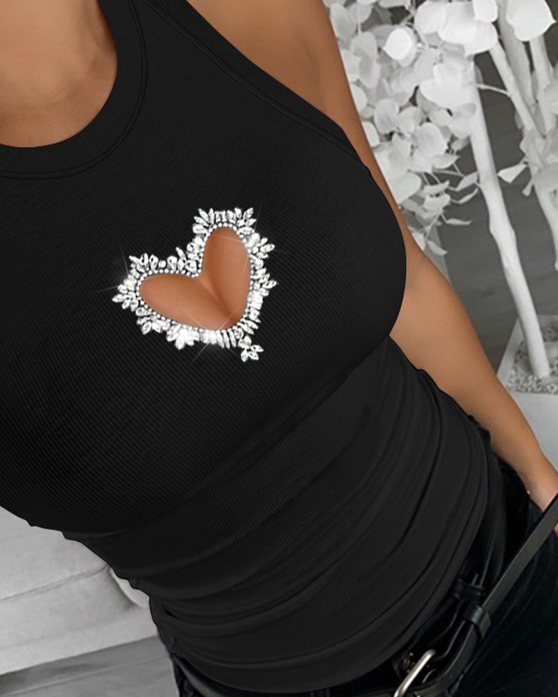 Hollow Heart Rhinestone Tank Top