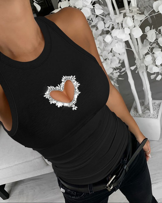 Hollow Heart Rhinestone Tank Top