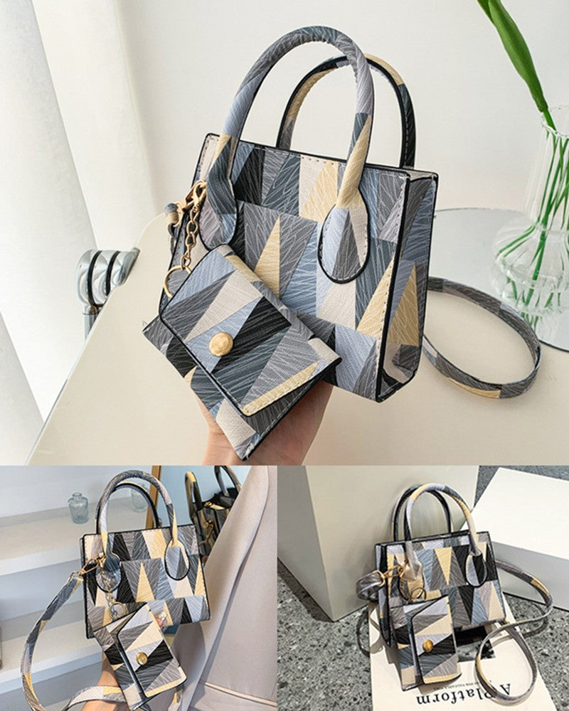 Geometric Colorblock Satchel Bag With Inner Pouch