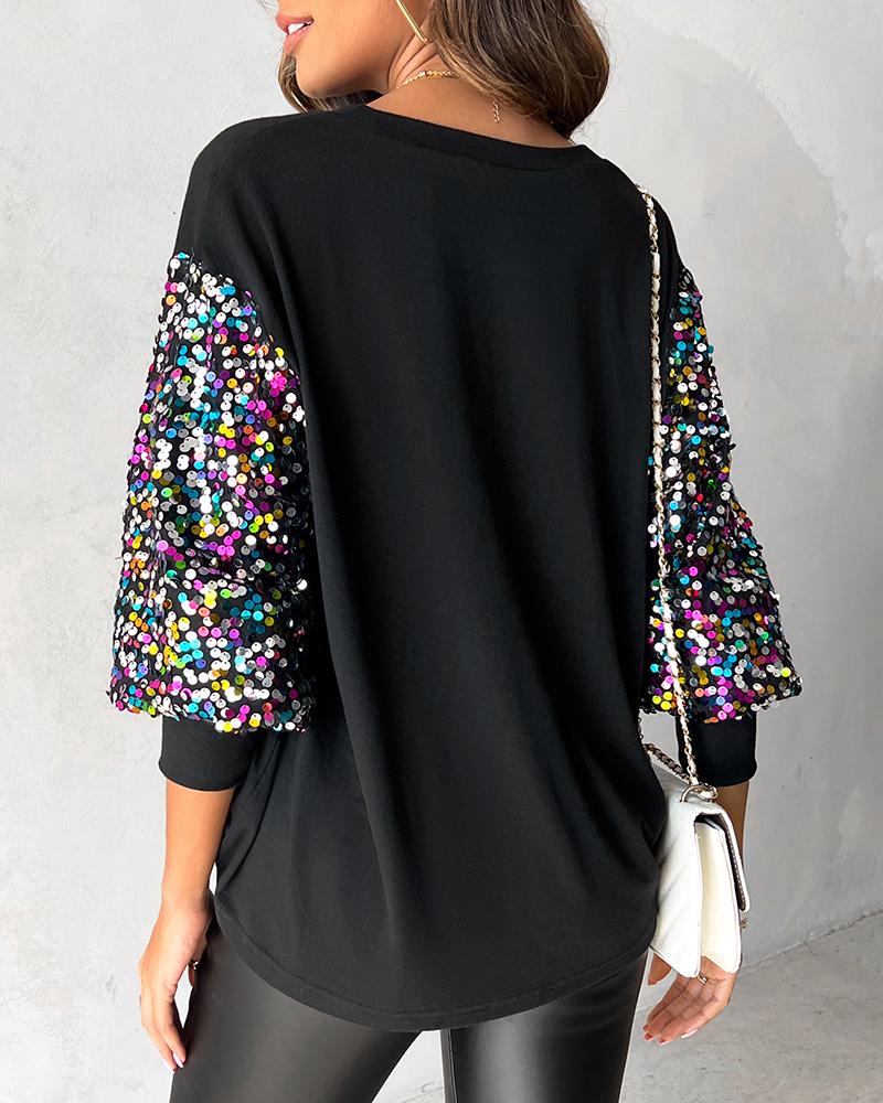 Sequins Patchwork Gigot Sleeve Top