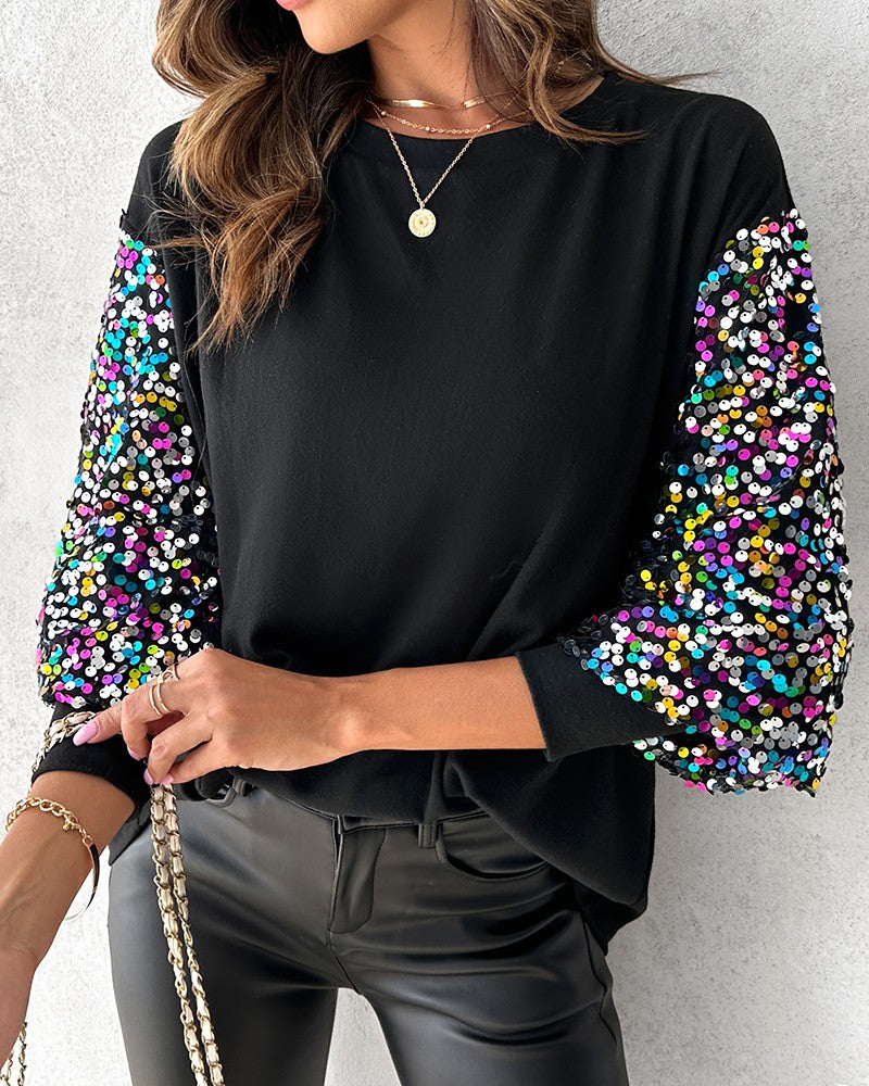 Sequins Patchwork Gigot Sleeve Top