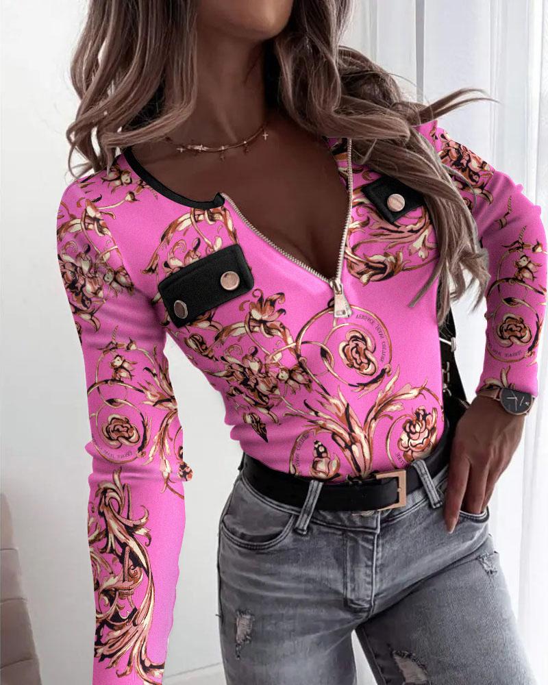 Baroque Print Zipper Front Long Sleeve Top