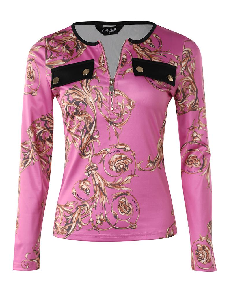 Baroque Print Zipper Front Long Sleeve Top