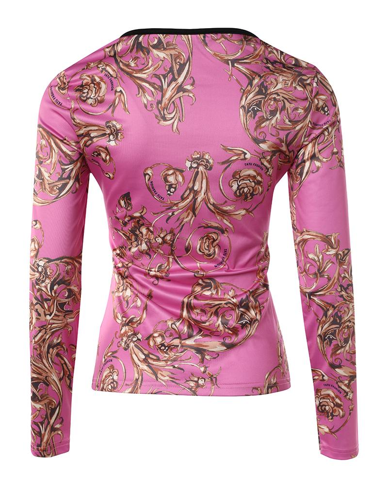 Baroque Print Zipper Front Long Sleeve Top