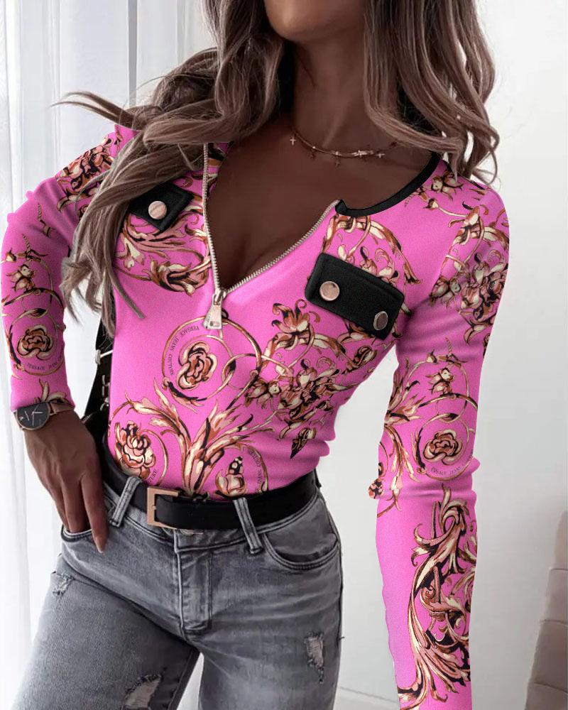 Baroque Print Zipper Front Long Sleeve Top