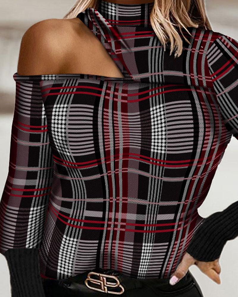 Plaid Print Cold Shoulder Top