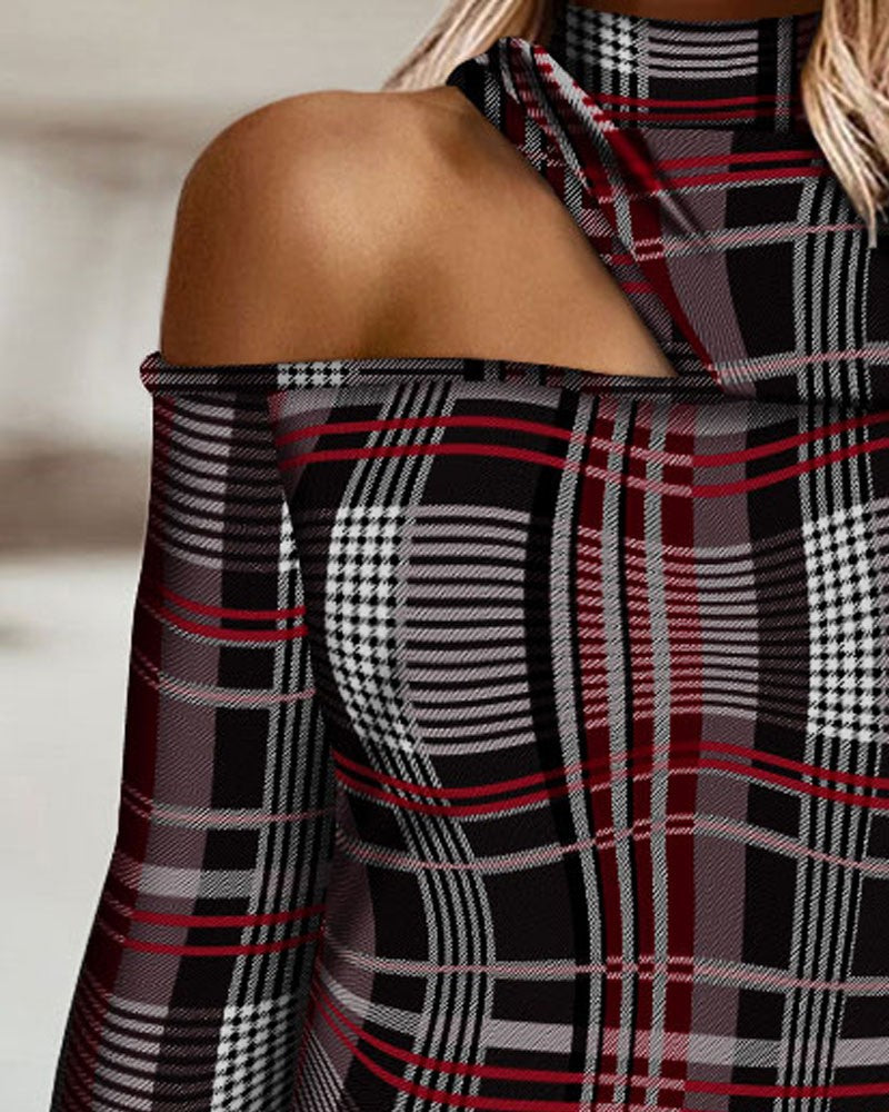 Plaid Print Cold Shoulder Top