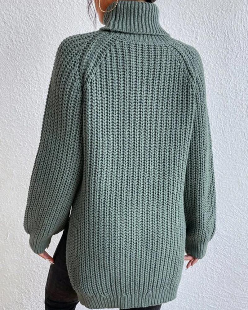 High Neck Long Sleeve Slit Sweater