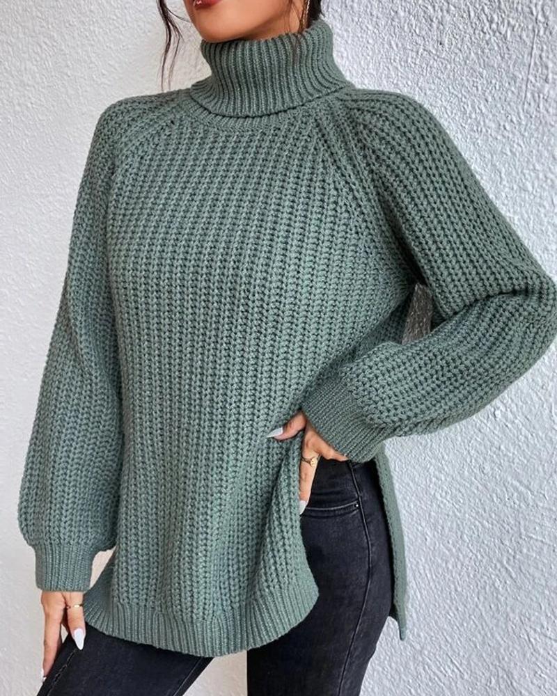 High Neck Long Sleeve Slit Sweater