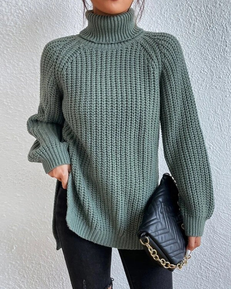 High Neck Long Sleeve Slit Sweater