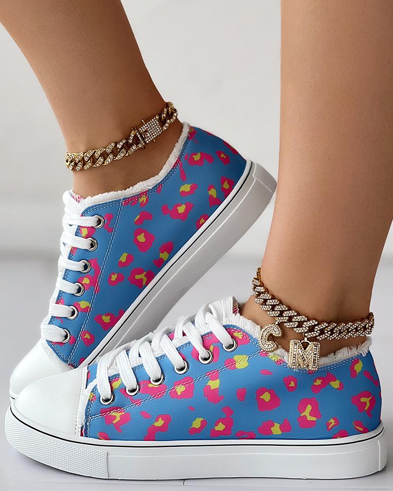 Leopard Print Raw Hem Lace up Canvas Sneakers