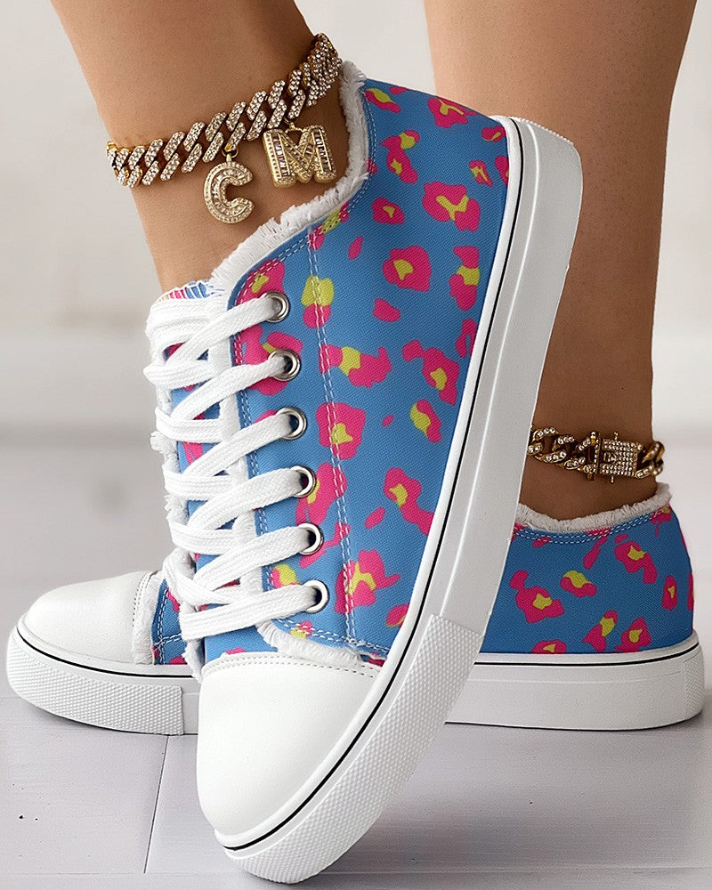 Leopard Print Raw Hem Lace up Canvas Sneakers