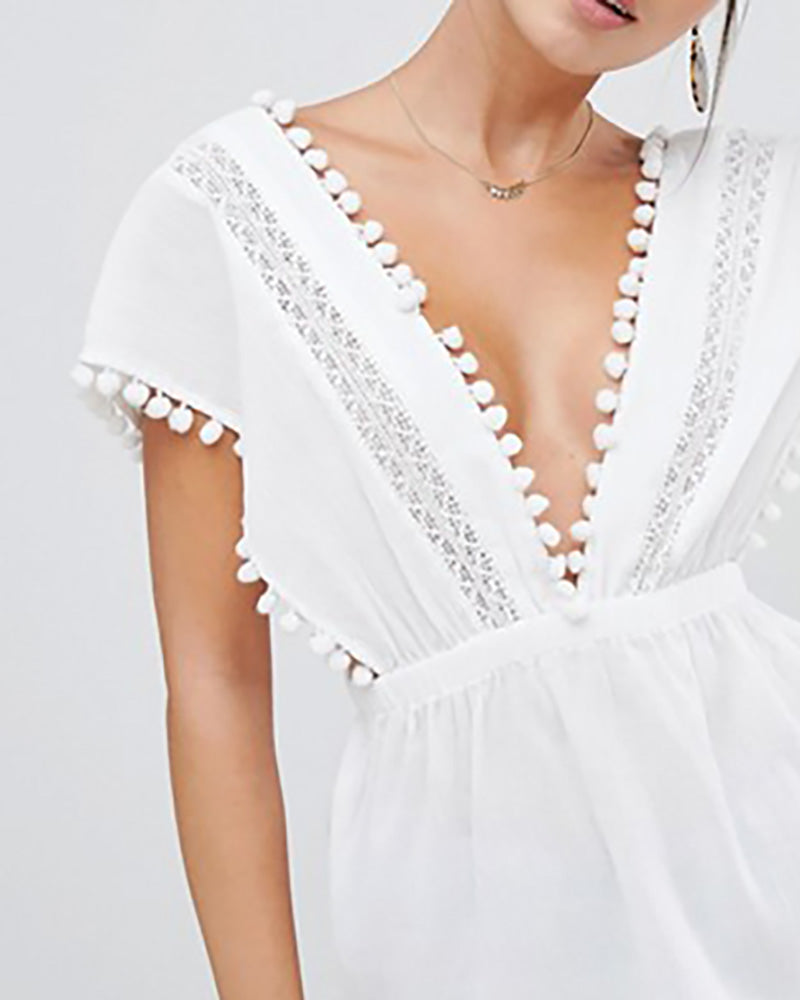 Pom Pom Trim V Neck Backless Top