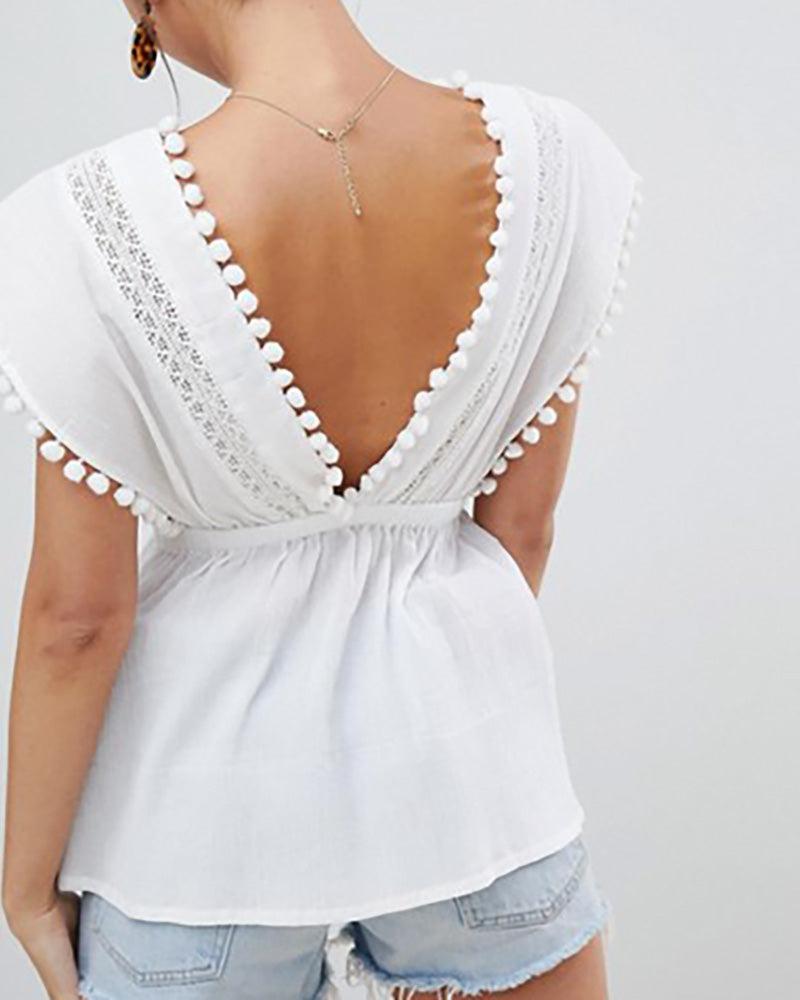 Pom Pom Trim V Neck Backless Top