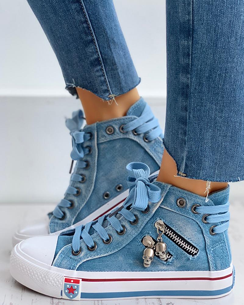 Lace Up Skeleton Zipper Detail Casual Sneakers