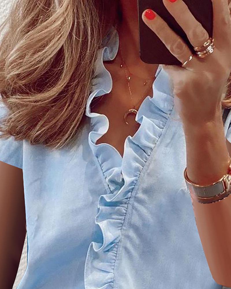 Short Sleeve Ruffle Hem V Neck Top