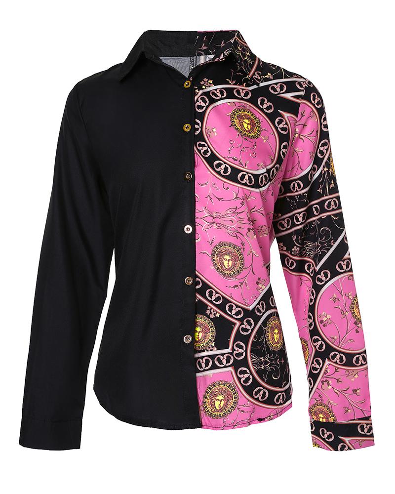 Scarf Print Colorblock Long Sleeve Button up Top