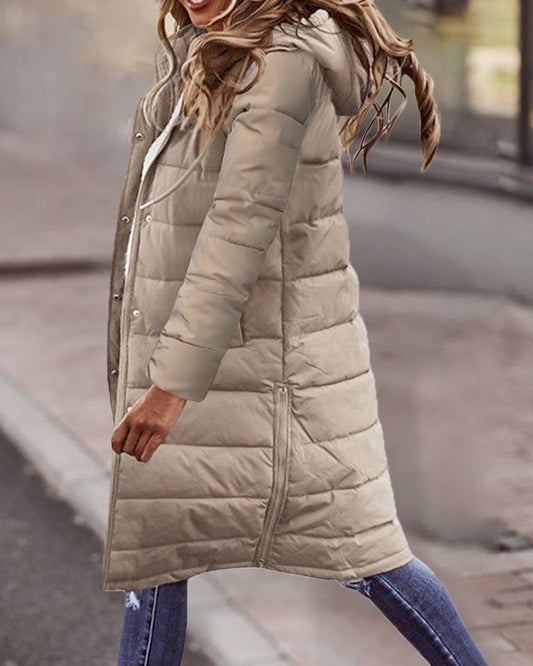 Pocket Design Buttoned Longline Hooded Puffer Coat