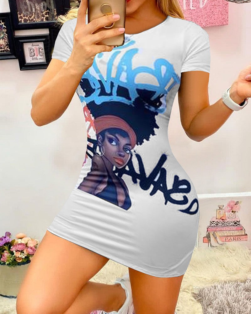 Graffiti Figure & Letter Print Short Sleeve Mini Dress