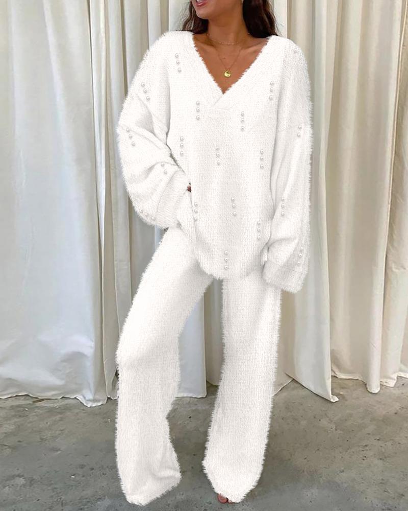 V Neck Beaded Fuzzy Top & Pants Set