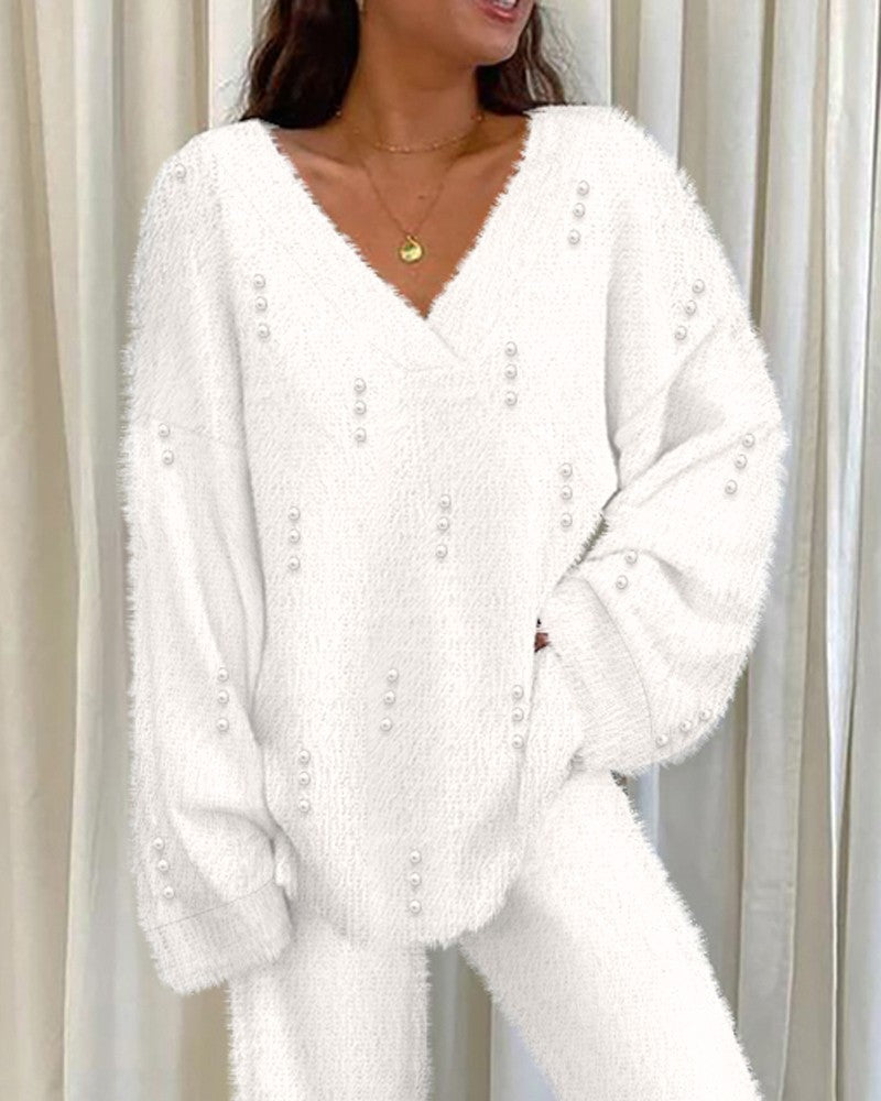 V Neck Beaded Fuzzy Top & Pants Set