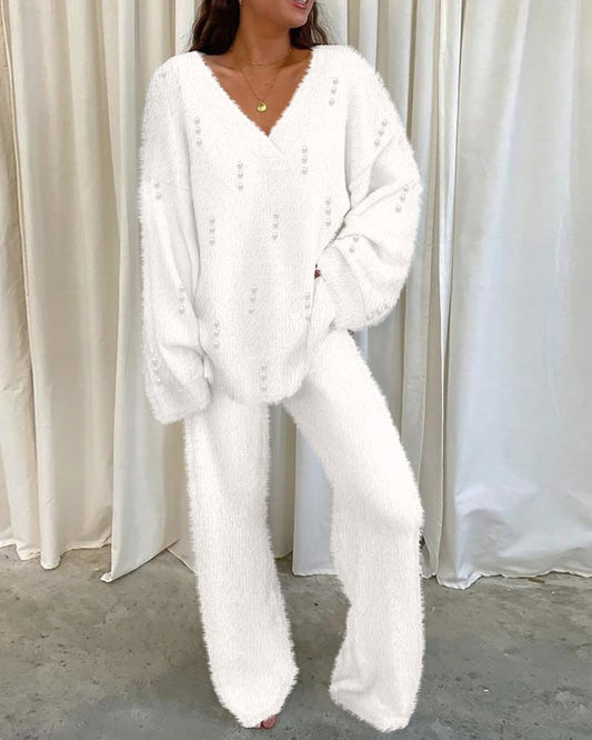 V Neck Beaded Fuzzy Top & Pants Set