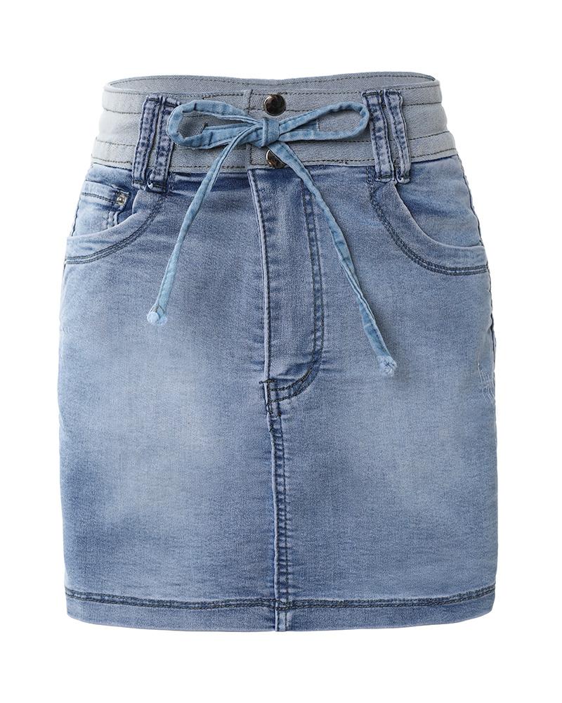 Contrast Binding Ripped Drawstring Denim Skorts