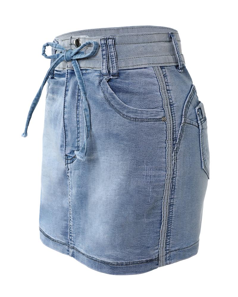 Contrast Binding Ripped Drawstring Denim Skorts