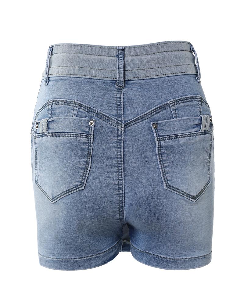 Contrast Binding Ripped Drawstring Denim Skorts